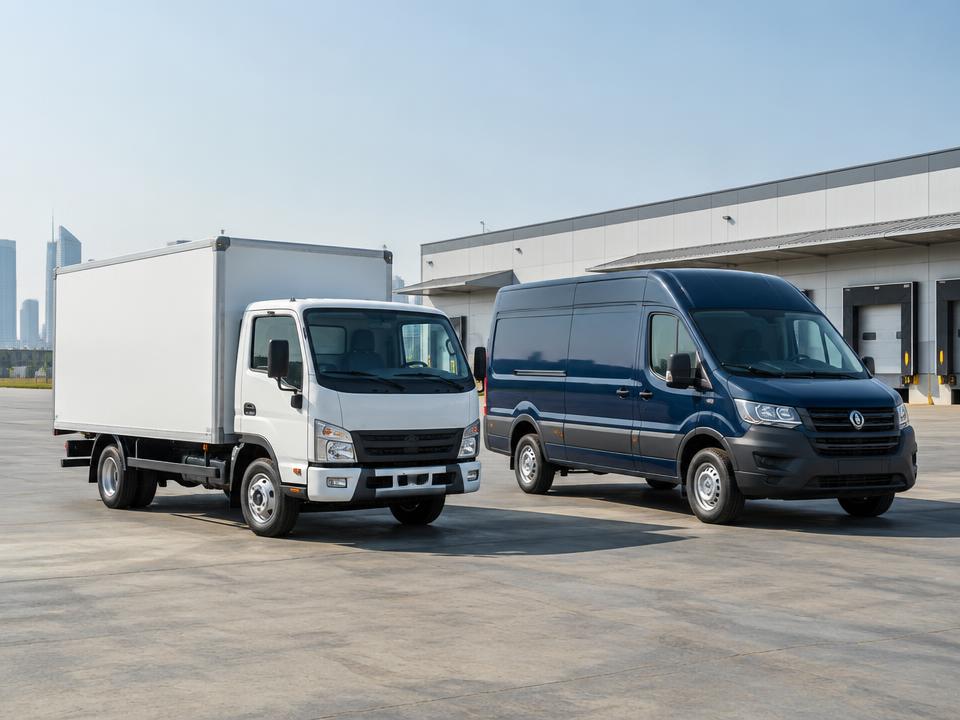 Representative light commercial truck and delivery van at a distribution hub